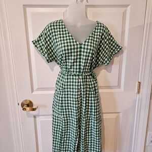 Green Gingham Button-Front Midi Dress